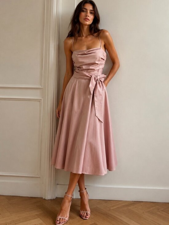 Tara Jarmon Dresses & Skirts - Blush Pink Cotton Fit & Flare Midi Dress Draped Bodice, Tara Jarmon, FR 40, US 8